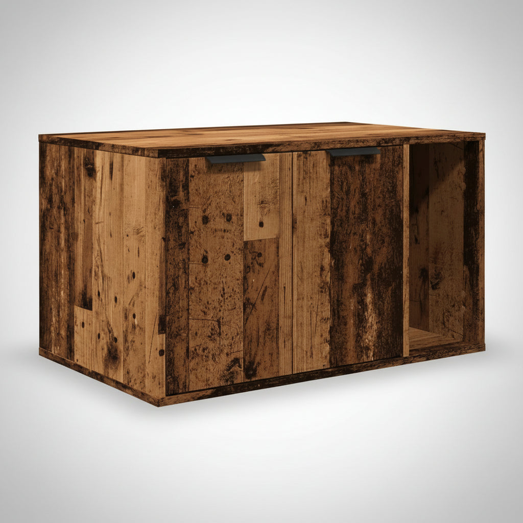Très grand buffet cache-litière en bois vieilli rustique Palais Félin Paris, meuble de rangement pour chat XL au design bois brut et anti-odeur, enfilade de luxe pour dissimuler une grande litière ou un espace de repos spacieux.