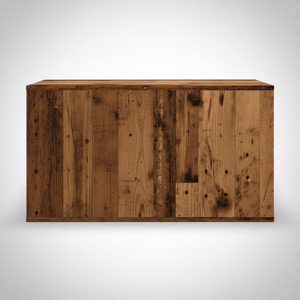 Une vue arrière épurée sur fond neutre du grand meuble pour chat format buffet (80x50x45 cm) au fini vieux bois. Cette perspective souligne la qualité de fabrication et la solidité du bois d'ingénierie utilisé pour ce cache-litière haut de gamme, conçu pour s'intégrer discrètement dans un salon moderne ou une salle de bain de caractère, par Palais Félin Paris.