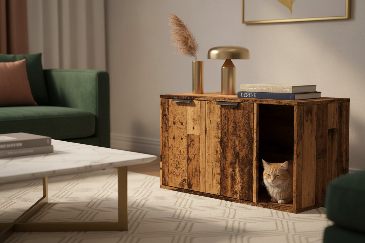 Le grand meuble pour chat format buffet (80x50x45 cm) au fini vieux bois, élégamment mis en scène dans un salon moderne. Utilisé comme une pièce maîtresse de décoration, ce cache-litière en bois d'ingénierie durable allie charme rustique et fonctionnalité anti-odeur, signé Palais Félin Paris.