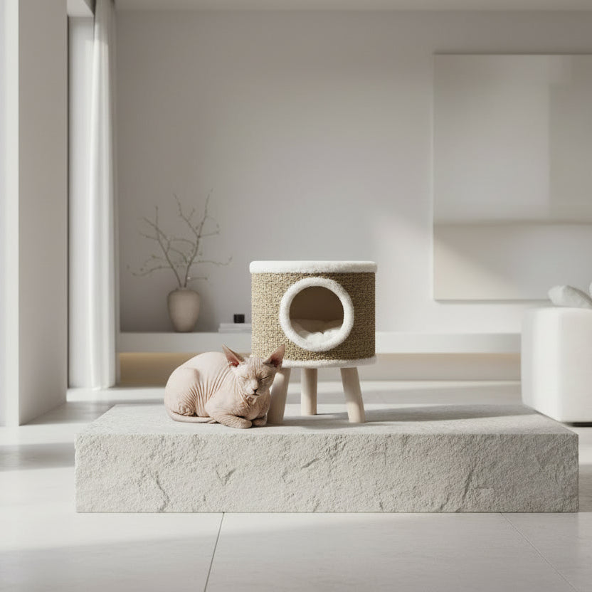 ​Panier chaise pour chat en jonc de mer tressé au design luxueux et épuré, collection Palais Félin Paris.