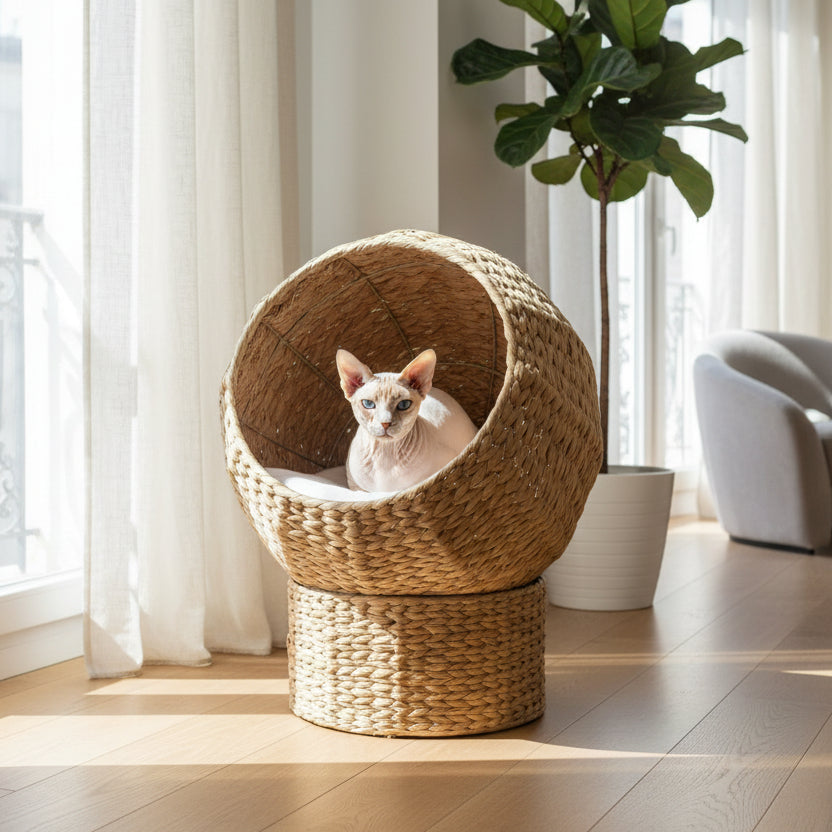 ​Panier pour chat Cocon Alizé en jonc de mer dans un coin de salon moderne chic Palais Félin Paris.