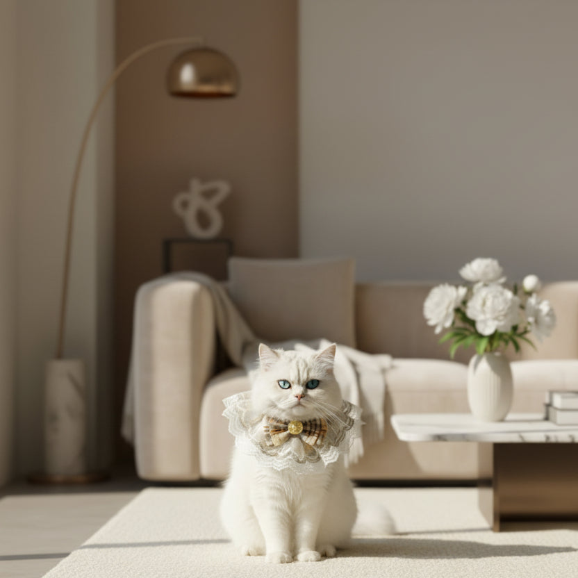 ​Portrait d'un chat blanc majestueux portant son collier rose poudré avec petit nœud papillon signature, posé sur un tapis texturé dans un intérieur d'appartement de luxe minimaliste. Palais Félin Paris.