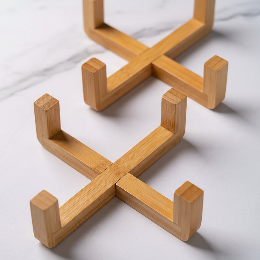 ​Vue en plongée détaillée de la structure en bois clair de forme croisée (X) d'un support ergonomique pour gamelles de chat, montrant l'assemblage et les encoches de fixation, signée Palais Félin Paris.