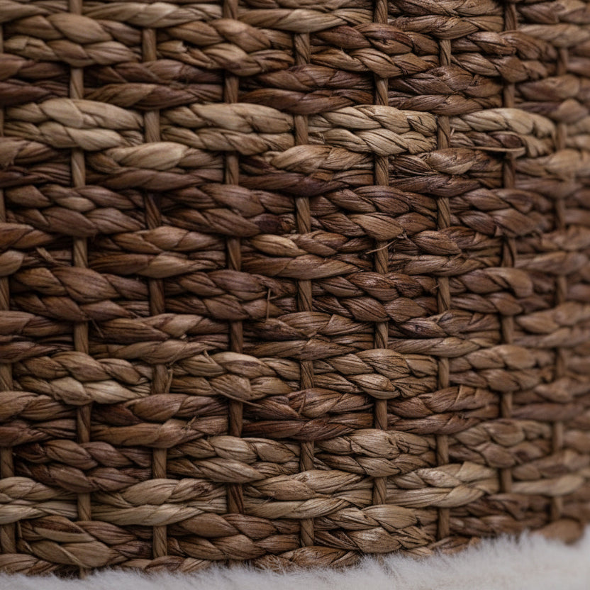 Zoom détaillé sur le tressage artisanal en fibres naturelles marron foncé du Refuge Sirocco, Palais Félin Paris.